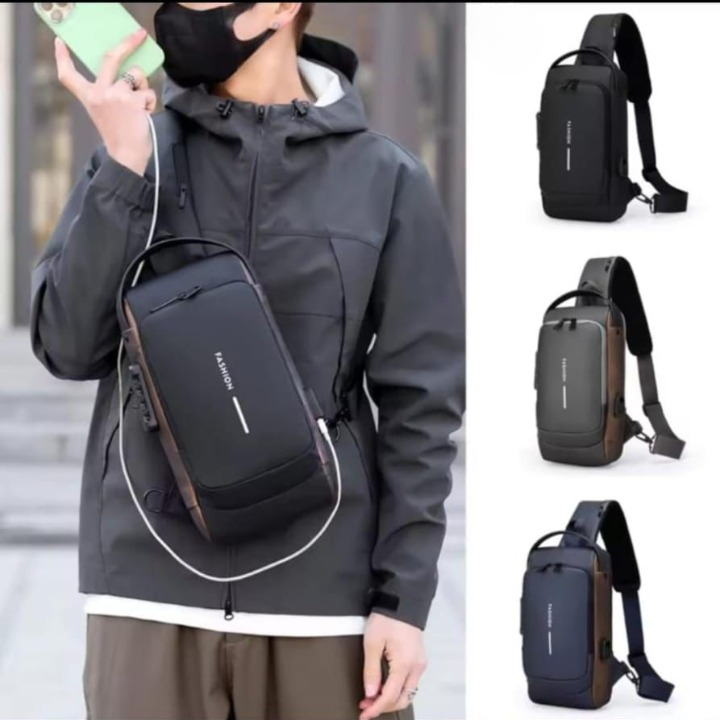 Fashion Men Sling Bag Pack with USB Charging Port