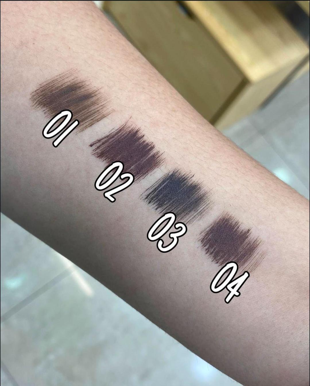 Huxibeauty Brow Fection Angled Brush color swatches showing Taupe, Auburn, Chocolate, and Espresso eyebrow shades.