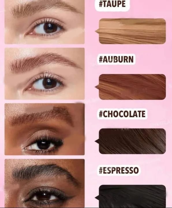Huxibeauty Brow Fection Angled Brush color swatches showing Taupe, Auburn, Chocolate, and Espresso eyebrow shades.