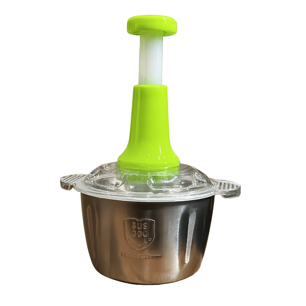 Manual Food Chopper 2L stainless steel with green handle for easy vegetable and fruit chopping.