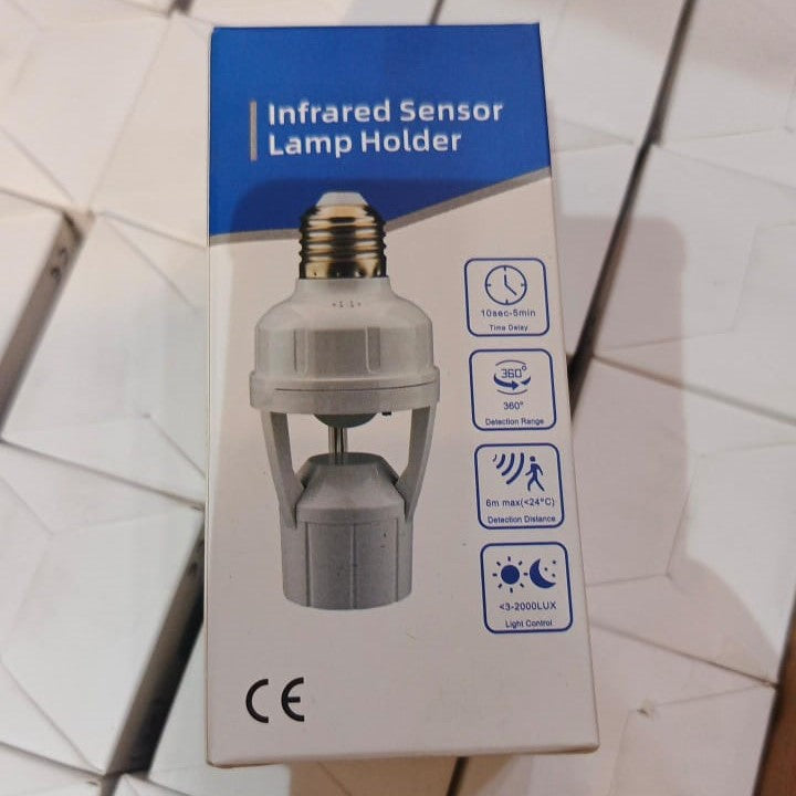 Smart Infrared PIR Motion Sensor E27 Bulb Holder packaging showcasing features and design.