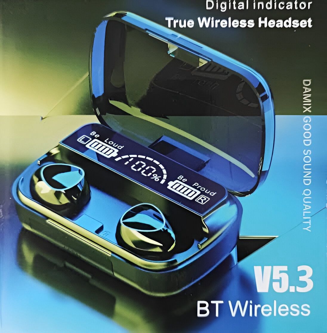 M10 TWS Bluetooth 5.3 Earbuds charging case with LED display, showcasing battery levels and design.