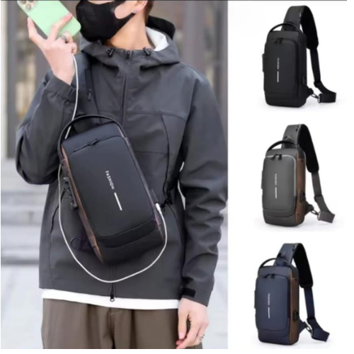 Fashion Men Sling Bag Pack with USB Charging Port