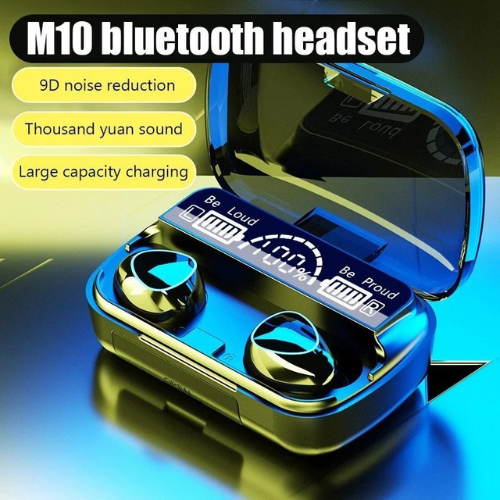 M10 TWS Bluetooth 5.3 Earbuds charging case with LED display, showcasing battery levels and design.