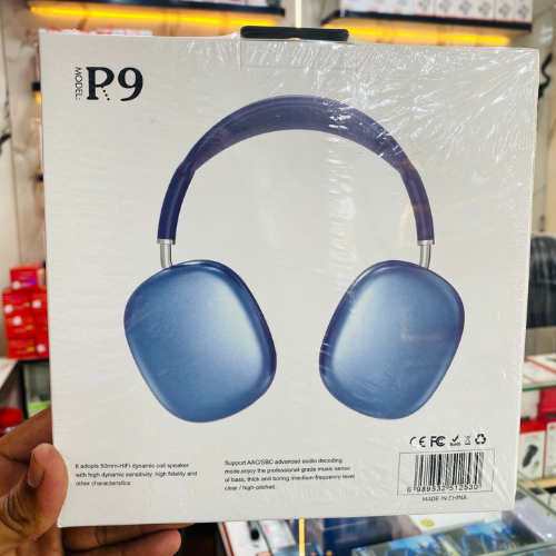 P9 Wireless Bluetooth Headphones packaging showcasing sleek design and advanced audio technology.